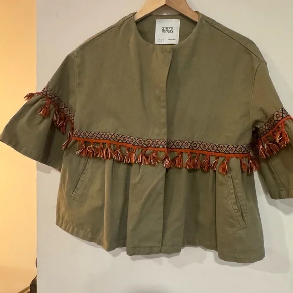 ZARA BASIC DEPT DENIM EUC Z1975 OLIVE GREEN TASSELS JACKET SIZE XS - Picture 3 of 9